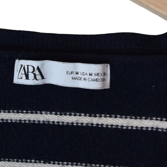 Zara Navy White Striped Cropped Cardigan Size M Nautical Preppy Chic Academia - Picture 5 of 7